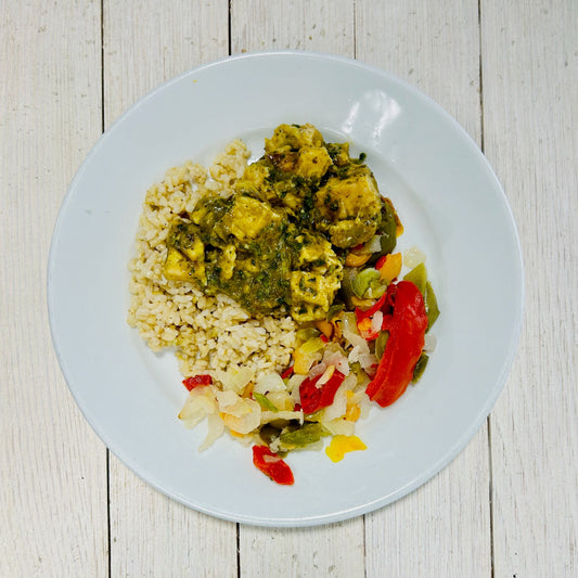 Green Chile Chicken over Brown Rice with Roasted Peppers & Onions (GF)