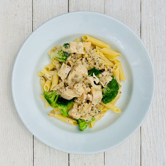 Chicken and Broccoli Alfredo over Gluten-Free Pasta (GF)