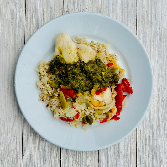 Green Chile White Fish over Brown Rice with Roasted Peppers & Onions (GF)