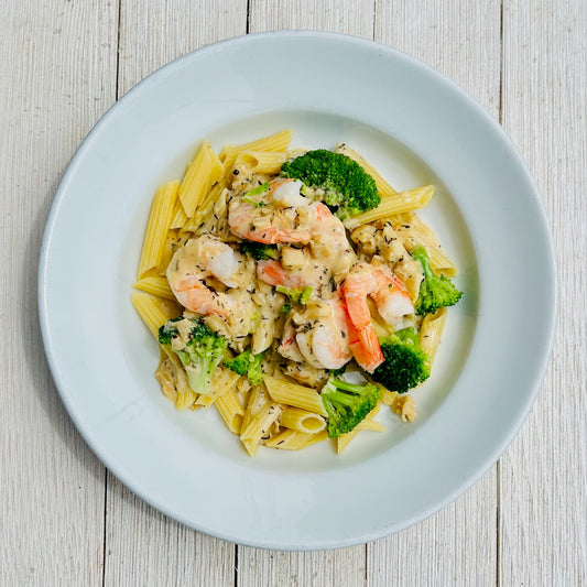 Shrimp and Broccoli Alfredo over Gluten-Free Pasta (GF)
