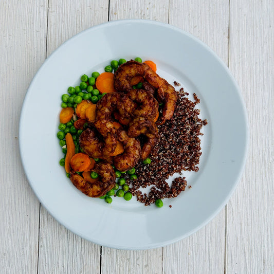 Blackened Shrimp with Red Quinoa, Peas & Carrots