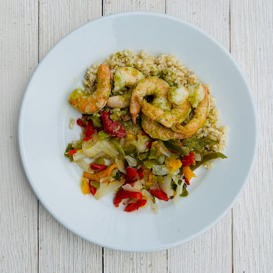 Chimichurri Shrimp with Brown Rice, Peppers & Onions