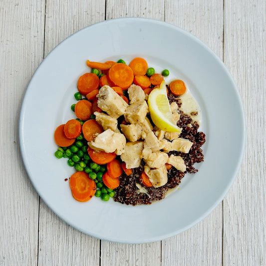 Lemon Pepper Chicken over Quinoa with Peas & Carrots (GF)