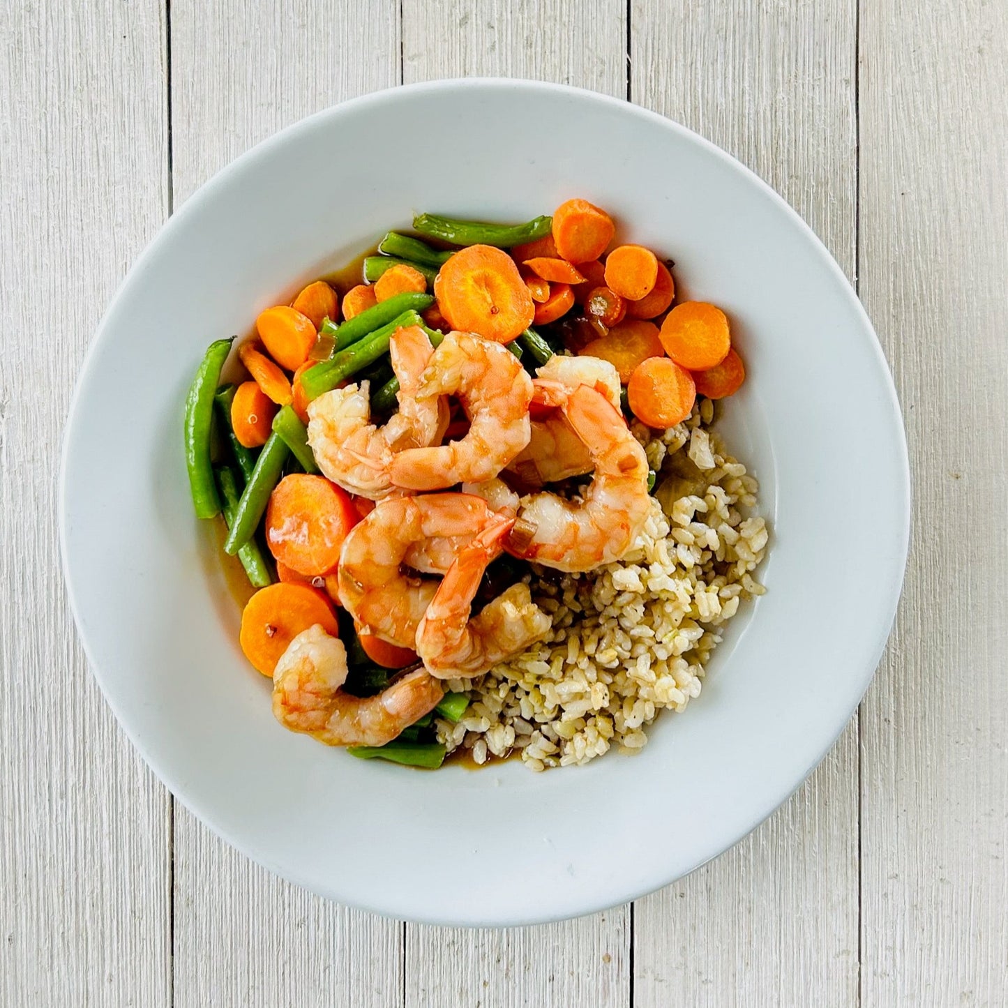 Teriyaki Shrimp over Brown Rice with Green Beans and Roasted Carrots (GF)